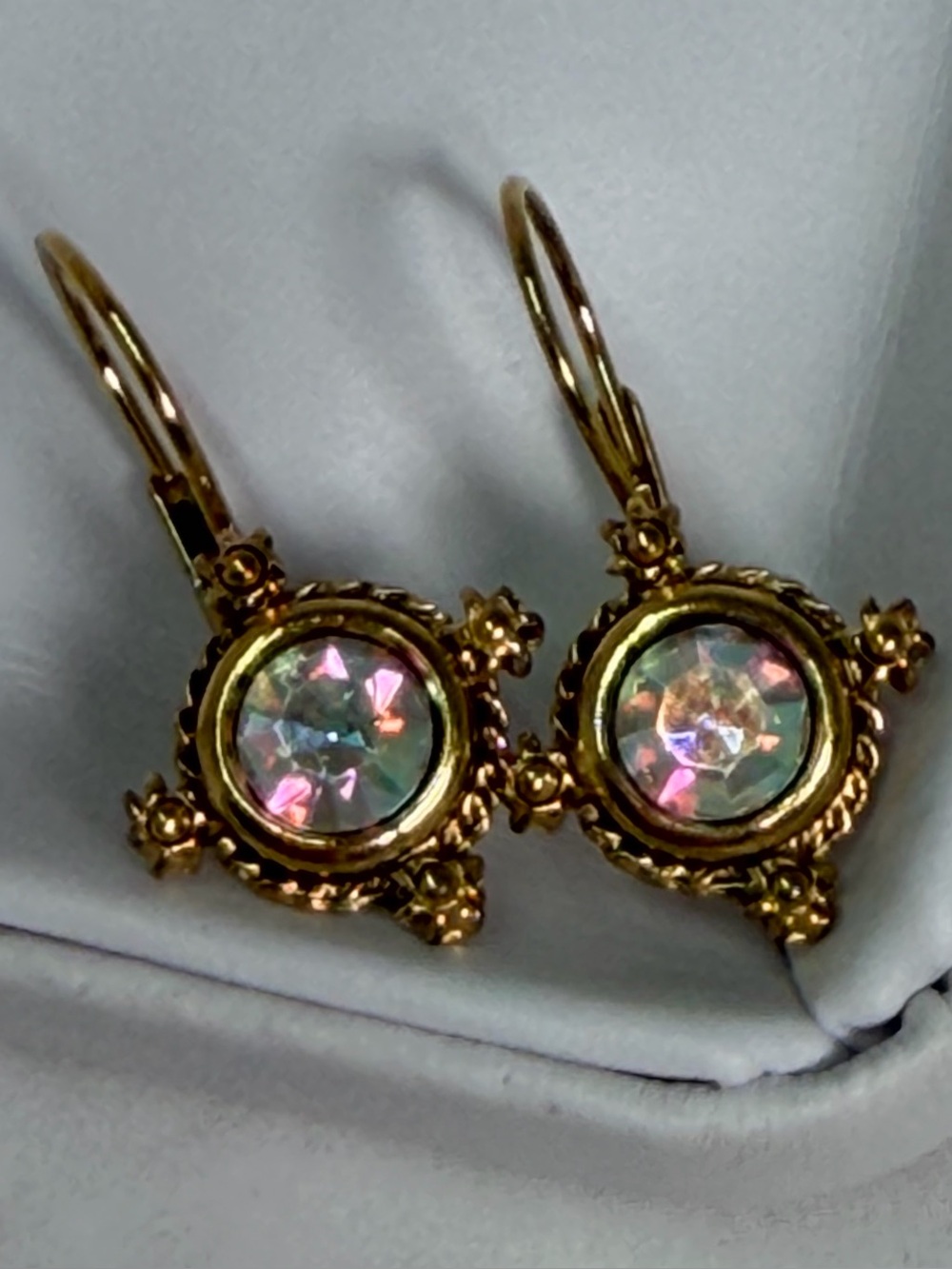 Vintage Aurora Borealis AB Crystal Gold Tone Leverback Earrings Estate Jewelry